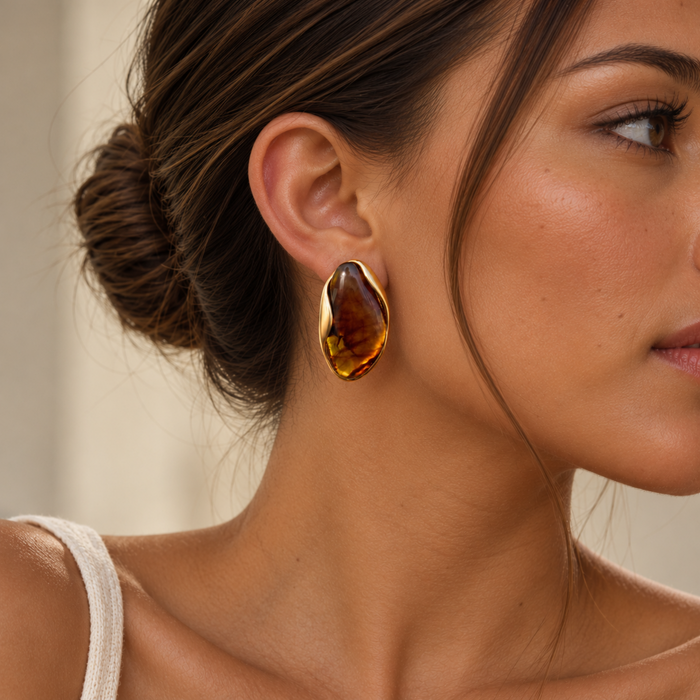 Maren Curved Oval Amber Brown Earrings
